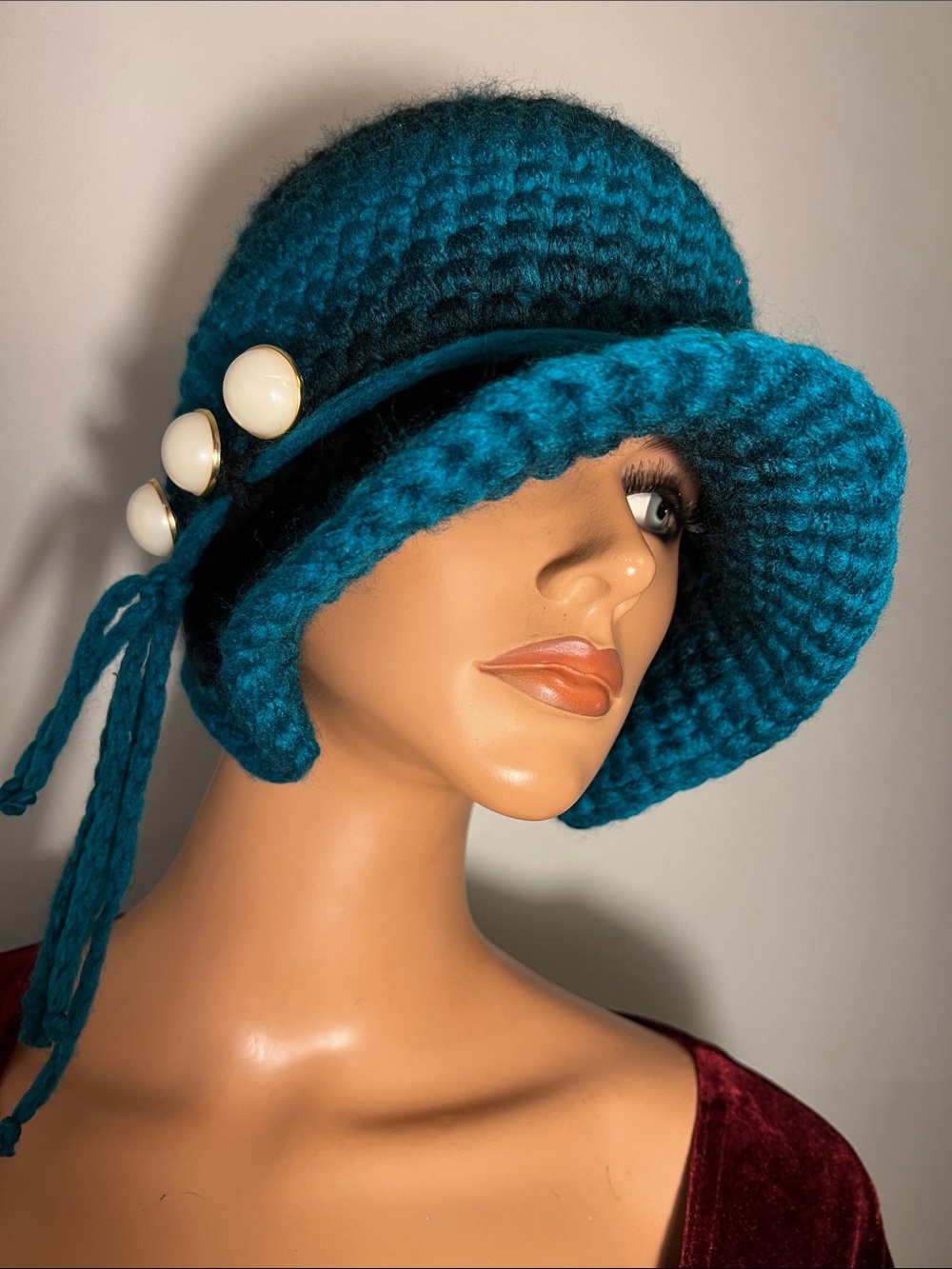 Hand-Knit Teal Cloche Hat with Velvet Band and Button Trim